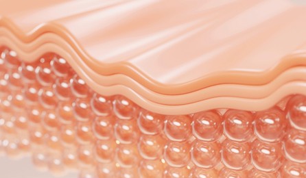 vitamin drop on skin cell. closeup oli and vitamin drop on skin cell. serum through the skin layer and reduce up saggy skin. 3d rendering.  