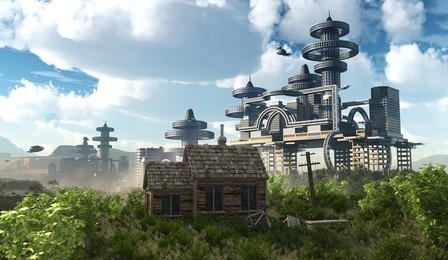 aerial view of futuristic city with flying spaceships and ancient house