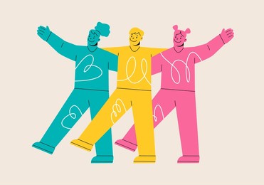 group of people spend time together, walking with friend. support concept. colorful vector illustration
