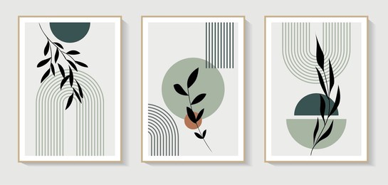 set of 3 minimalist wall art. abstract geometric prints for boho aesthetic interior. home decor wall prints, terracotta colors. sun, rainbow and clay pots. contemporary artistic printable vector