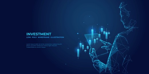 abstract businessman is holding tablet with stock market candlestick hologram. digital trading or investment concept. futuristic low poly investor in technological blue. vector 3d illustration.