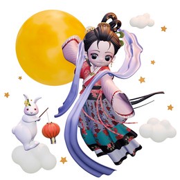 3d rendering of the traditional mid-autumn festival story chang'e flying to the moon and the moon rabbit