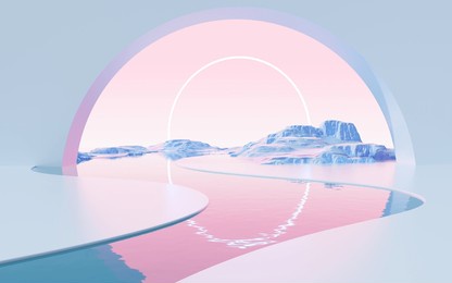 geometric architecture and water surface background, 3d rendering. digital drawing.