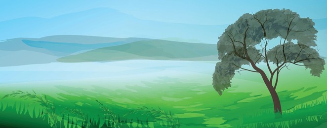 vector landscape. green fields and mountains, grassland and tree. watercolor textured. 