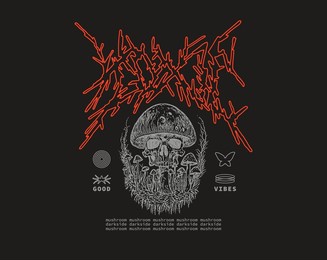 toxic quote, typographic t-shirt design y2k, mushrooms and skull head