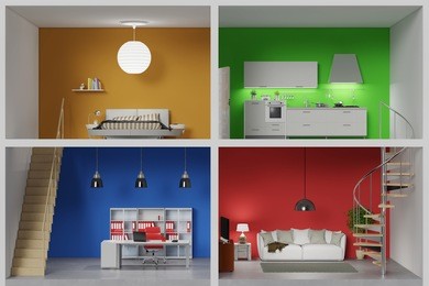 apartment with four colorful rooms in a living box (3d rendering)