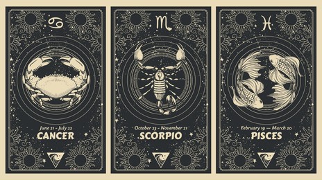 zodiac signs cancer, scorpio, pisces, water element, mystical astrology card set, horoscope banner with realistic pattern on black background for stories. vector boho hand drawing, magic design.