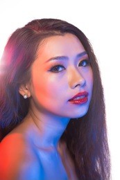 fashion stylish asian beauty portrait with black long hair. beautiful asian girl's face close-up. hairstyle. professional makeup. make-up. vogue style woman. isolated on a white background.