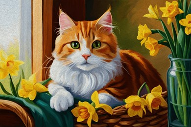 oil painting, morning sunlight on the cat. cute cat on the windowsill in basket with blossom yellow daffodils.