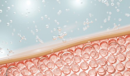 water and vitamin drop on skin cell. 
concept cosmetics solution.serum through the skin layer and reduce up saggy skin of the skin cell. 3d rendering.  