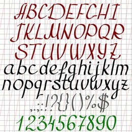 italic hand drawn font. upper and lower case, digits, punctuation marks.