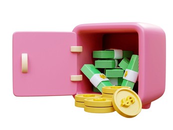 open bank safe with gold coins and dollar stack. financial growth of deposits and protection. business financial investment creative concept money savings. 3d rendering

