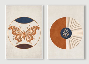 artistic wall art made of butterflies and golden leaves, orange blue geometric pattern