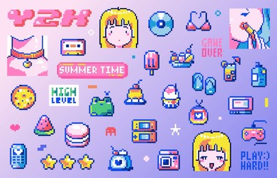 pixel art y2k geek sticker set. 8bit retro game elements like vintage consoles, sweets, animals, anime girls, cute summer objects. vector summer graphic for game, decoration, stickers, games.