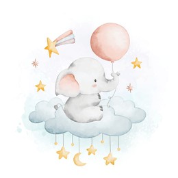 watercolor illustration baby elephant and balloon sits on cloud with stars