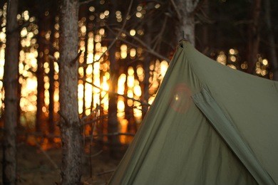 camping tent in the forrest with sunset