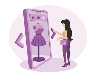 pretty female standing near mobile screen, selecting dress in online store, buying stuff online use mobile app. buying clothes and product rating. vector flat illustration in purple trendy colors