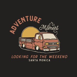 adventure illustration, car vintage illustration, sunset on car design, vintage car badge design, artwork for tshirt, vintage car design for apparel