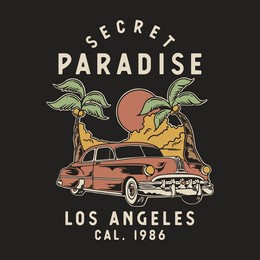 secret paradise design illustration, car vintage illustration for tshirt, artwork for tshirt, badge design vintage car