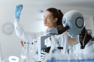 female scientist and ai robot working together in the science lab