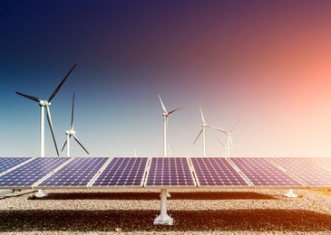 solar energy panels and wind turbine ,clean energy background 