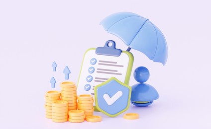 money savings. protection and financial security for medicine, travel, car, home. shield with checklist and coins under umbrella. 3d rendering 