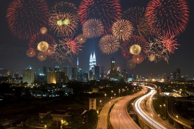 kuala lumpur night view during fireworks celebration