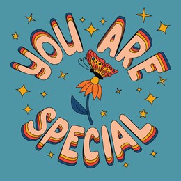 motivating cartoon typographic composition. isolated outline slogan you are special in flat 3d style. text and daisy with butterfly on blue background with stars. suitable for tshirt print, banner.
