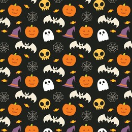 cute halloween seamless pattern background, halloween elements, pumpkin, witch hat, bat, skull spider web and candy.