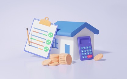 checkmark financial support house real estate business deposit investment personal finance stack coins and calculator with home transfer money concept. savings, family budget, fund, tax, 3d rendering
