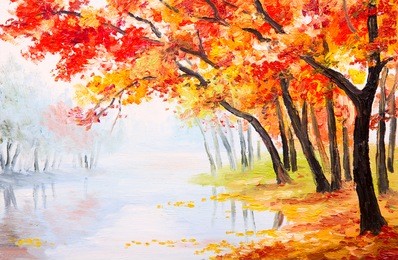 oil painting landscape - autumn forest near the lake, orange leaves