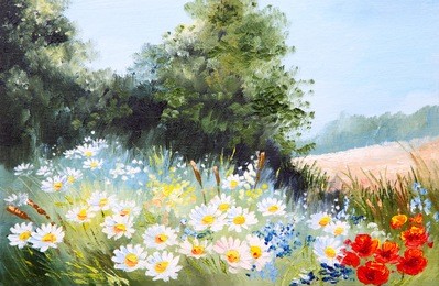 oil painting landscape - meadow of daisies, nature