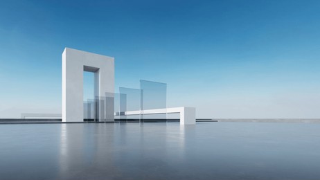 3d render of abstract futuristic glass architecture with empty concrete floor.