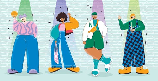 group of young people in fashionable clothes are standing together. teenagers pose against the wall.cartoony gen z fahion