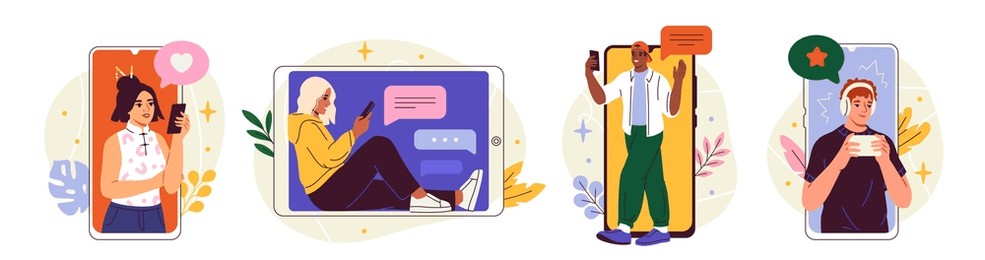people use smart phones set. young characters communicate at video call, texting, listening to music in apps and social media. teenagers send messages. cartoon flat vector isolated on white background