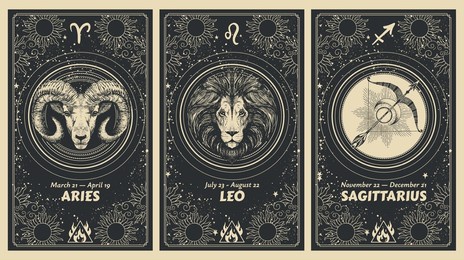 zodiac signs aries, leo, sagittarius, fire element, mystic astrology card set, horoscope banner with animals on black background for stories. vector boho hand drawing, magic design.