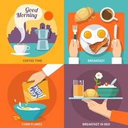 breakfast icons flat set with coffee time corn flakes bed isolated vector illustration