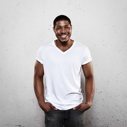 smiling young man in white t-shirt