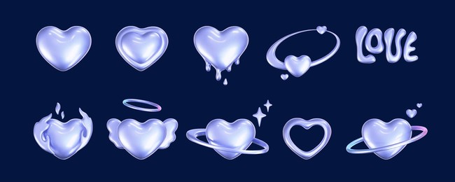 3d holographic hearts in y2k style isolated on dark background. render 3d iridescent chrome hearts with galaxy planet, stars, fire flame, angel wings, melting, love text. 3d vector y2k illustration