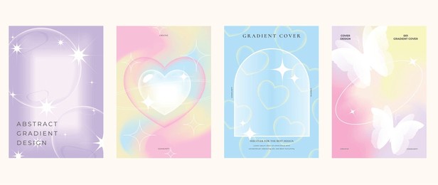 idol lover posters set. cute gradient holographic background vector with pastel colors, heart, butterflies, bubble. y2k trendy wallpaper design for social media, cards, banner, flyer, brochure.