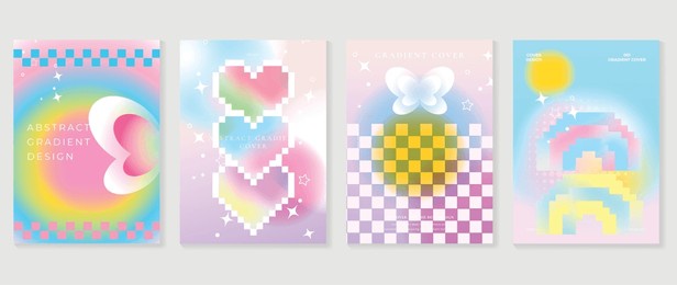 idol lover posters set. cute gradient holographic background vector with heart pixel, star, butterflies, halftone. y2k trendy wallpaper design for social media, cards, banner, flyer, brochure.
