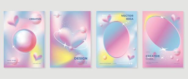 idol lover posters set. cute gradient holographic background vector with pastel colors, 3d heart, bubble, sparkle, circle. y2k trendy wallpaper design for social media, cards, banner, flyer, brochure.