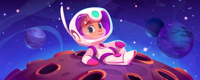 cute astronaut kid lying on alien planet. vector cartoon illustration of little boy in spacesuit and helmet exploring moon landscape with craters, many stars glowing in night sky, space mission