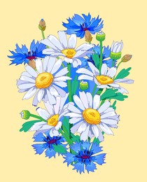 beautiful summer bouquet with daisies and cornflowers. background with decorative floral motifs. luxury print for greeting card, poster, mural wallpaper, invitation, fashion. flat vector drawing.