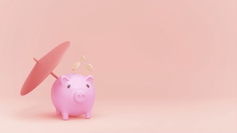 3d rendering illustration of saving or saving money concepts. for decoration pig umbrella pink coin retirement plan safety profit save storage goals exchange prize piggy bank growth wealth store 