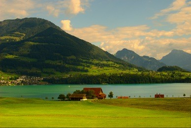 a view of mt. rigi and the town of weggis, taken from meggen, switzerland 