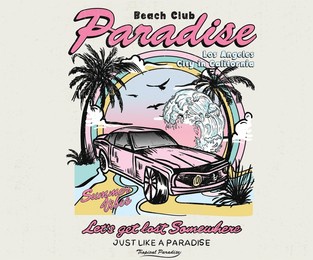beach club paradise. summer beach vibes vector artwork. holliday road trip by vehicle. california surfing club vector artwork for apparel, stickers, background and other.