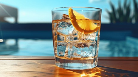 cold glass of beverage on swimming pool