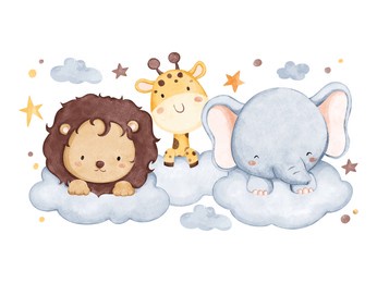 watercolor illustration safari animals and cloud