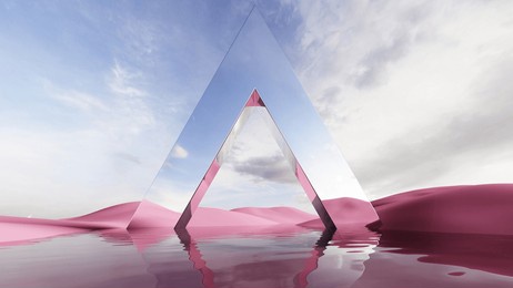 3d render of surreal landscape with  water and colorful sand. podium, display on the background of abstract glass, mirror shapes and objects. fantasy world, futuristic fantasy image.